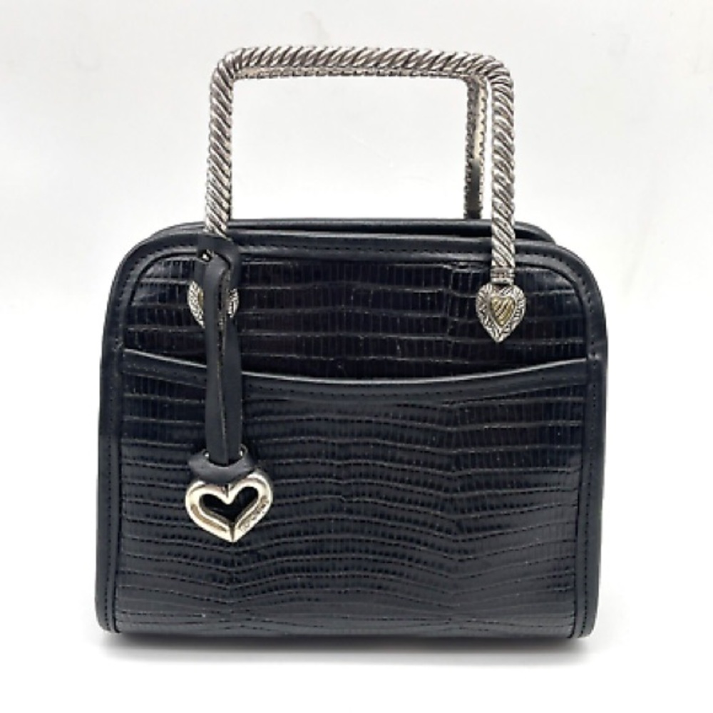 Vintage 80s Brighton Black Croc Embossed Leather Double Metal Handle Box Purse